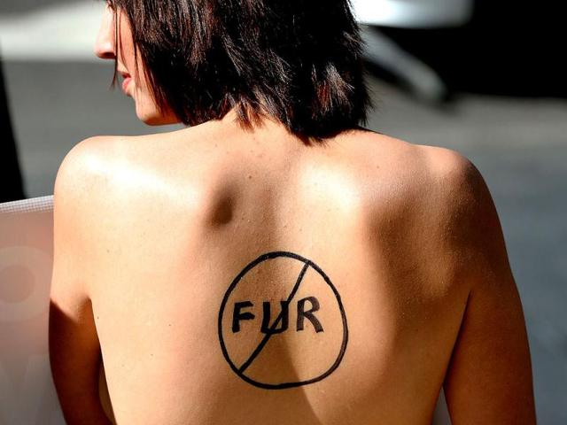 A member of People for the Ethical Treatment of Animals (PETA) shows off an anti-fur sign on her back during a protest against the use of fur outside a venue set for a fashion festival in Sydney. (AFP Photo)