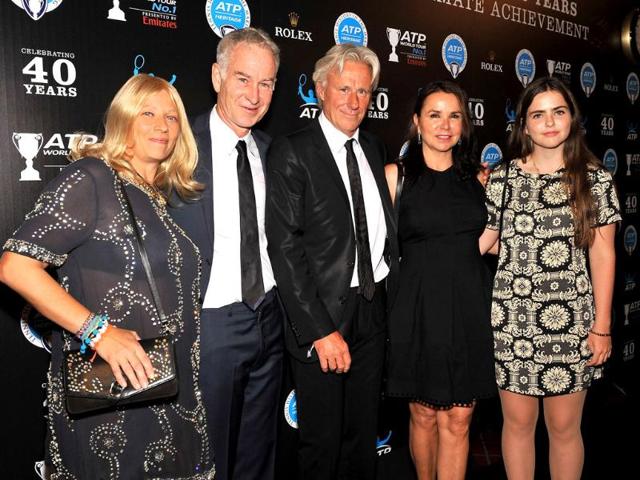 (L-R) Patricia Ostfeldt, John McEnroe, Bjorn Borg, and Patty Smyth attend the ATP Heritage Celebration at The Waldorf Astoria in New York City. AFP