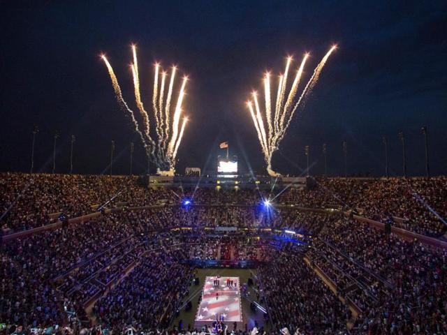 Fireworks during the opening ceremony of the US Open at the Billie Jean King National Tennis Center in New York. The first round of the tournament began on Monday. (AFP Photo)