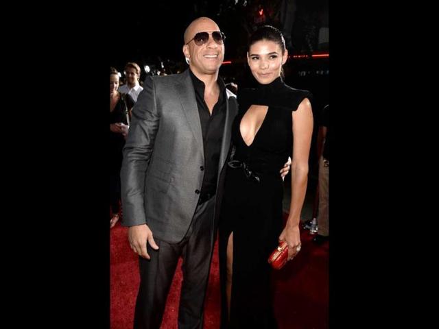 Actor Vin Diesel and model Paloma Jimenez attend the premiere of Universal Pictures' Riddick at Mann Village Theatre, Westwood, California. (AFP Photo)