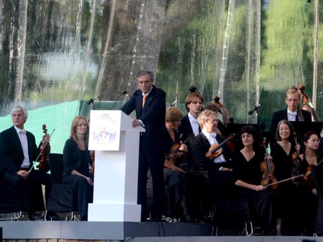 Michael Steiner, the German ambassador, speaks before the Ehaas-Kashmir music concert in Srinagar. (AFP Photo)