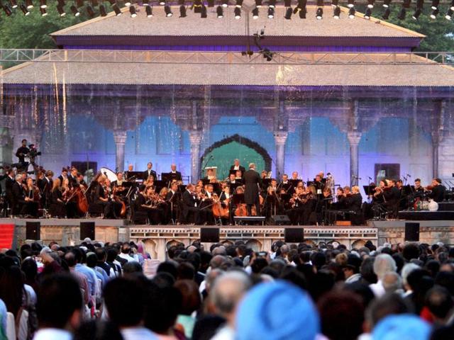Music Mastro Zubin Mehta performs during Ehsaas-e-Kashmir Concert, at Shalimar Garden in Srinagar on Saturday. (PTI Photo)