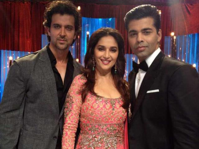 Hrithik Roshan poses with Madhuri Dixit and Karan Johar on the sets of Jhalak Dikhhla Jaa. (Photos: Facebook/MadhuriDixitNene)