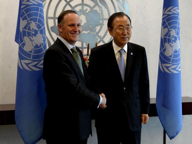 UN secretary-general Ban ki-moon with John Key, Prime Minister of New Zealand during the 68th session of the General Assembly at the UN in New York. (AFP Photo)