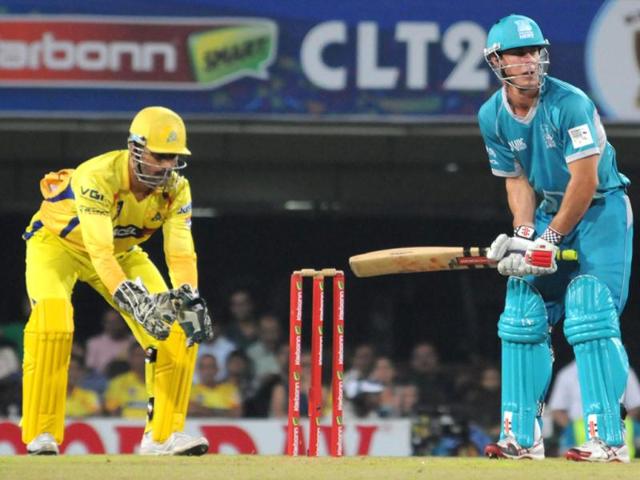 Brisbane Heat’s D Christian plays a shot against Chennai Super Kings during the CLT20 match in Ranchi. (PTI Photo)