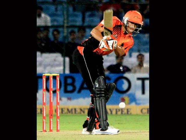 Perth Scorchers batsman Ashton Agar plays a shot during the CLT20 match against Rajasthan Royals in Jaipur. (PTI Photo)