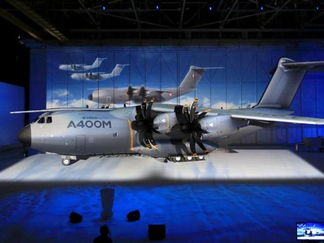 An Airbus A400M military transport plane is pictured during a ceremony at an assembly plant in the Andalusian capital of Seville. (Reuters Photo)
