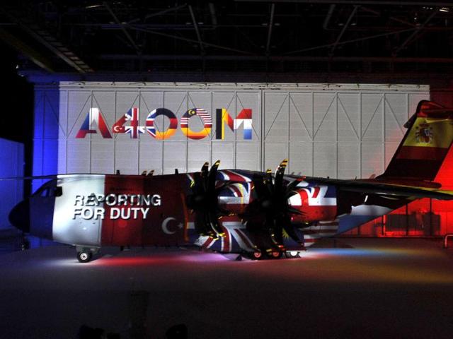The A400M aircraft is seen during the A400M First Delivery Ceremony in Sevilla. The pan-European aircraft maker hopes the official handover ceremony at the Airbus Military plant in Seville, southern Spain, will launch strong sales to air forces worldwide following a difficult birth. (AFP Photo)