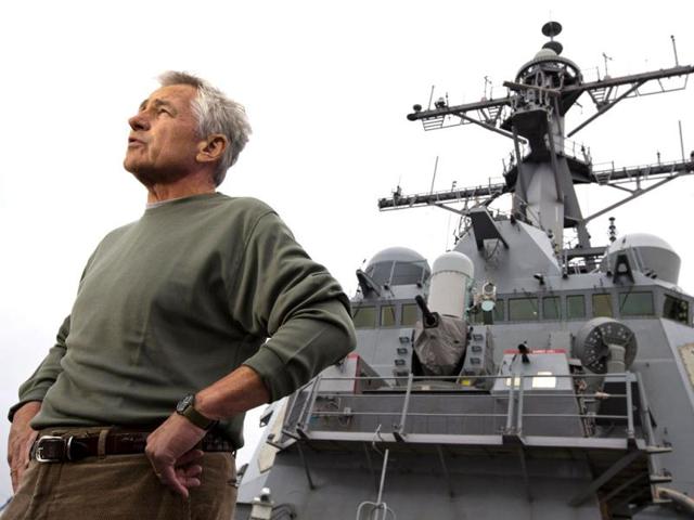 US secretary of defence Chuck Hagel answers questions while speaking to sailors aboard the USS Stethem (DDG 63) destroyer at Fleet Activities Yokosuka, a US Naval base in Yokosuka, outside of Tokyo.(Reuters photo)