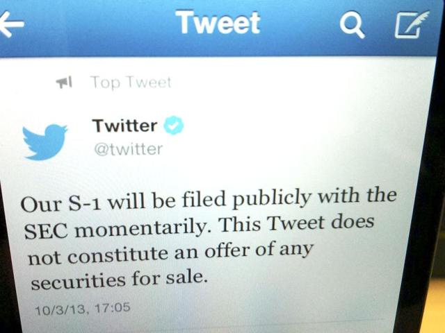 A tweet from Twitter announcing its IPO filing in Toronto. Twitter Inc will seek to raise $1 billion in the largest Silicon Valley IPO since Facebook Inc's 2012 coming-out party, according to an IPO filing made public on Thursday. (Reuters photo)