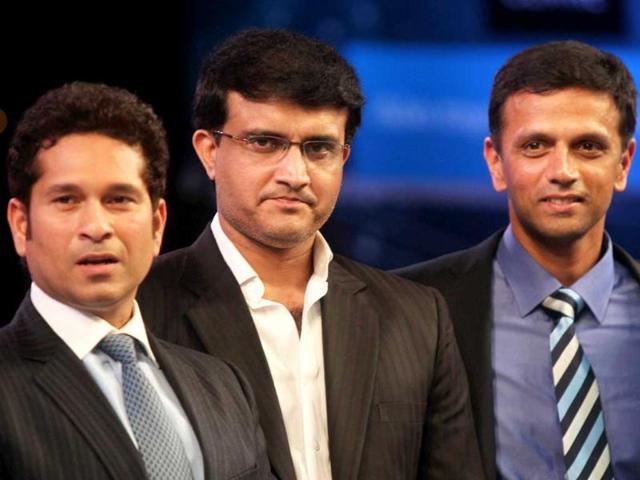 Master blaster Sachin Tendulkar with Sourav Ganguly and Rahul Dravid during the platinum jubillee celebration of Karnataka State Cricket Association in Bengaluru in Aug 2013. (PTI Photo)