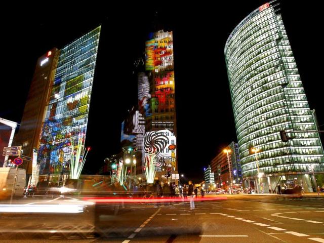 The illuminated Potsdamer square is pictured during the 'Festival of Light' show in Berlin. (Reuters)