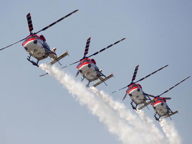 Indian Air Force advanced light helicopters display team "Sarang" performs during an air show organised by the IAF at the airport in Srinagar. (Reuters Photo)