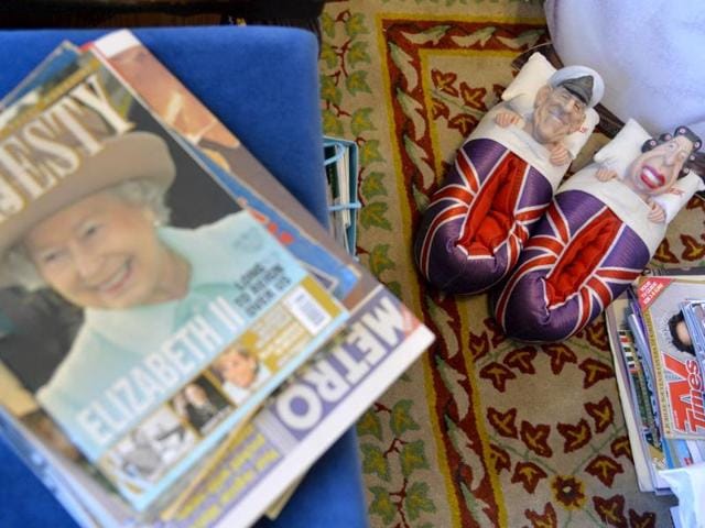 A pair of slippers depicting Britain's Queen Elizabeth and Prince Philip, seen at the Margaret Tyler's house which she has dedicated as a shrine to the royal family. (Reuters Photo)