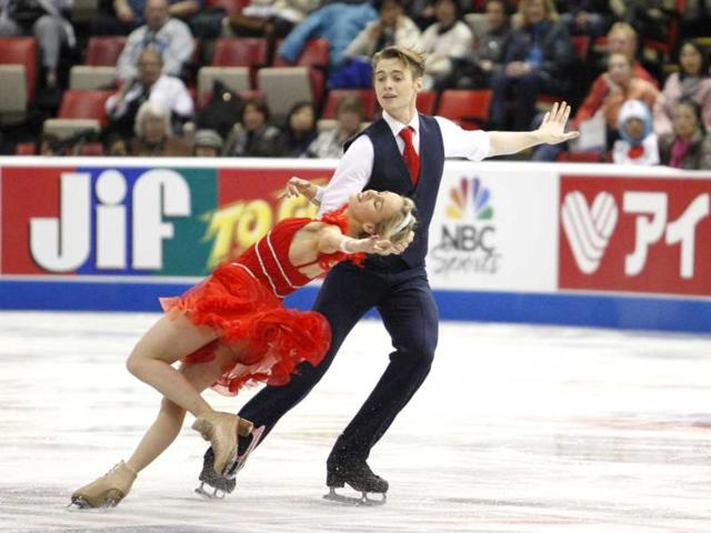 Pair figure skaters Pernelle Carron and Lloyd Jones (FRA) compete in the pairs short dance in the 2013 ISU GP Hilton Honors Skate America competition at Joe Louis Arena.(Raj Mehta-USA TODAY Sports)