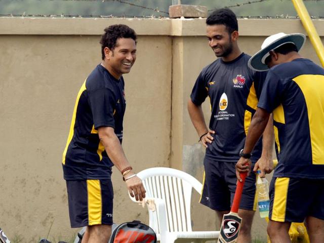 Mumbai Ranji team player Sachin Tendulkar with Ajinkya Rahane during the practice session at Bansi Lal Cricket Stadium in Lahli, Rohtak, in Haryana.(HT Photo/Sanjeev Verma)