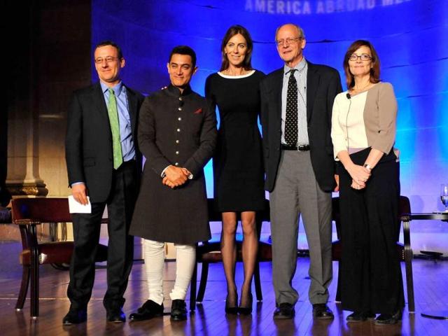 (L/R) Aaron Lobel, Aamir Kahn, Kathryn Bigelow, Peter Ackerman and Ann Hornaday pose with the awardees at the 2013 America Abroad Media Awards Dinner at Andrew W. Mellon Auditorium on October 28, 2013 in Washington, DC.