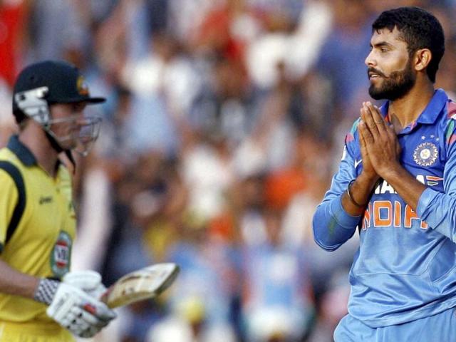 India's Ravindra Jadeja celebrates the wicket of Australian batsman George Bailey during their 6th ODI cricket match in Nagpur. (PTI Photo)