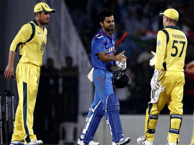 Indian batsman Virat Kohli celebrates after winning the 6th ODI cricket match against Australia in Nagpur. (PTI Photo)