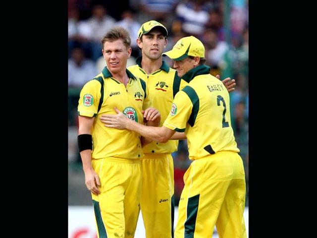 Xavier Doherty celebrates the wicket of Suresh Raina during the 7th ODI at Chinnaswamy stadium in Bangalore. (PTI Photo)