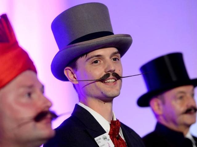 Juhana Helmenkalastaja competes in the "Moustache English" category of the World Beard Championships. (AFP Photo)