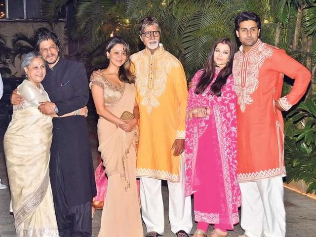 Bachchan's Diwali bash: (L-R) Jaya Bachchan, Shah Rukh Khan, Gauri Khan, Amitabh Bachchan, Aishwarya Rai Bachchan and Abhishek Bachchan. (Photo: Yogen Shah)