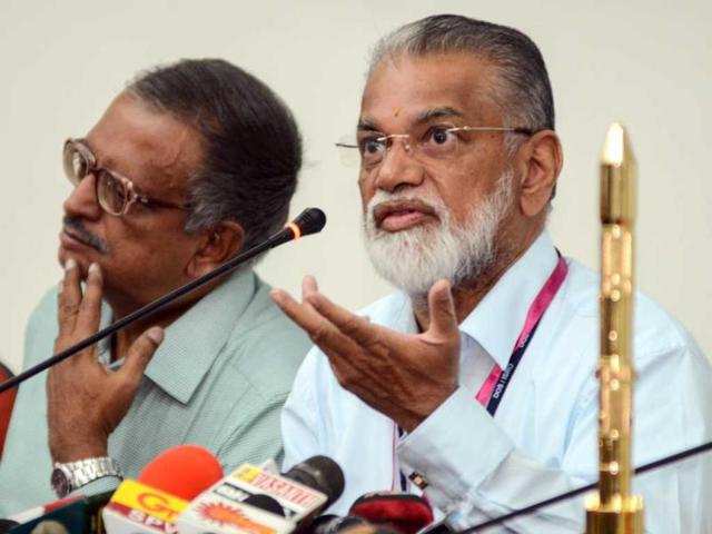 ISRO Chairman Dr K Radhakrishnan addresses media after the PSLV C25 launch in Sriharikota. (HT Photo/ Nathan G)