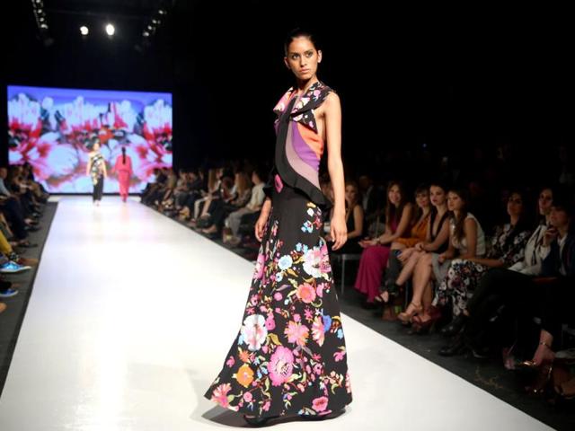 A model wears a creation from the ETRO 2014 Spring/Summer collection during Fashion Week in Lima, Peru. (AP Photo)