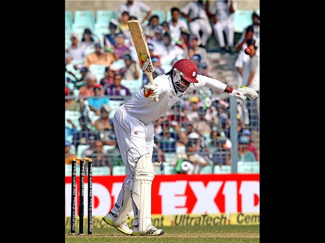 West Indies batsman Chris Gayle bats during the first test match between India and West Indies at Eden Garden in Kolkata. (PTI photo)