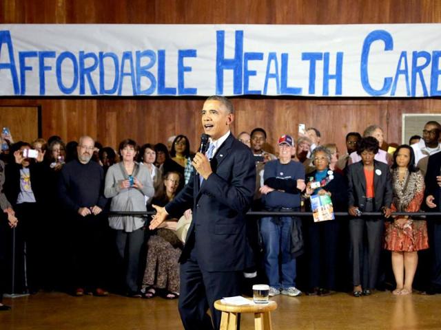 US President Barack Obama speaks at Temple Emanu-El in Arlington, Texas, as he promotes his health care law.(AP photo)