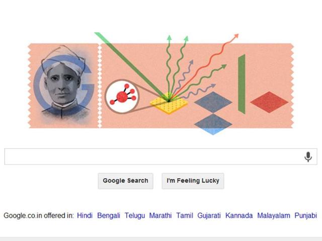 Google honours Sir CV Raman, the Nobel laureate physicist in its doodle feature with his discovery, the Raman Effect, on his 125th birth anniversary birthday. (Photo credit: Google)