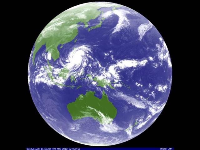 Typhoon Haiyan hits the Philippines in this weather satellite image, courtesy of the Japan Meteorological Agency, taken at 0200 UTC. Haiyan, potentially the strongest recorded typhoon to make landfall, slammed into the Philippines' central islands, forcing millions of people to flee to safer ground or take refuge in storm shelters. (Reuters)
