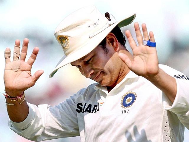 Sachin Tendulkar gestures during the third day of the first Test match against West Indies at the Eden Garden in Kolkata. (PTI Photo)
