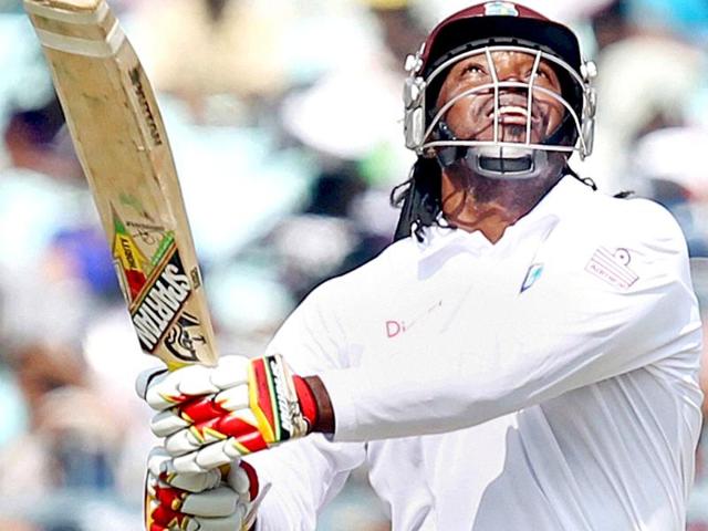 West Indies cricketer Chris Gayle in action during the third day of the first Test match against India in Kolkata. (PTI Photo)