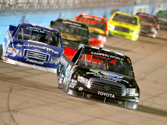 Erik Jones, driver of the #51 Wake Up Narcolepsy Awake at the Wheel Toyota, leads a pack of trucks during the NASCAR Camping World Truck Series Lucas Oil 150 at Phoenix International Raceway in Avondale, Arizona. (AFP photo)