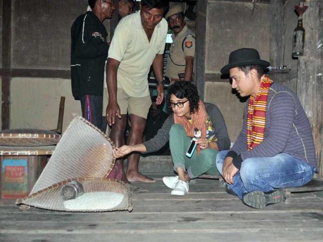 Aamir Khan and Kiran Rao spend some quality time, sitting on a bamboo house-on-stilts in a village in Assam, where they went to celebrate Kiran's 40th birthday.