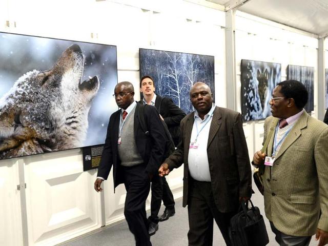 Delegates walk past wildlife photos during the United Nations Climate Change Conference in Warsaw. (AFP Photo)