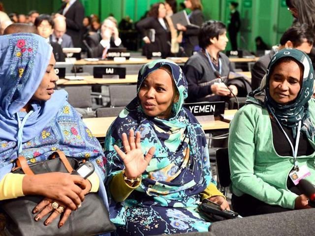 Representatives of Sudan attend a plenary session of the conference, launched for a 2015 deal to cut Earth-warming greenhouse gas emissions. (AFP Photo)