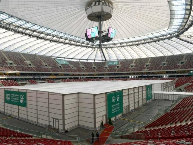 This photo shows the venue of the United Nations Climate Change Conference at the National Stadium in Warsaw. (AFP Photo)