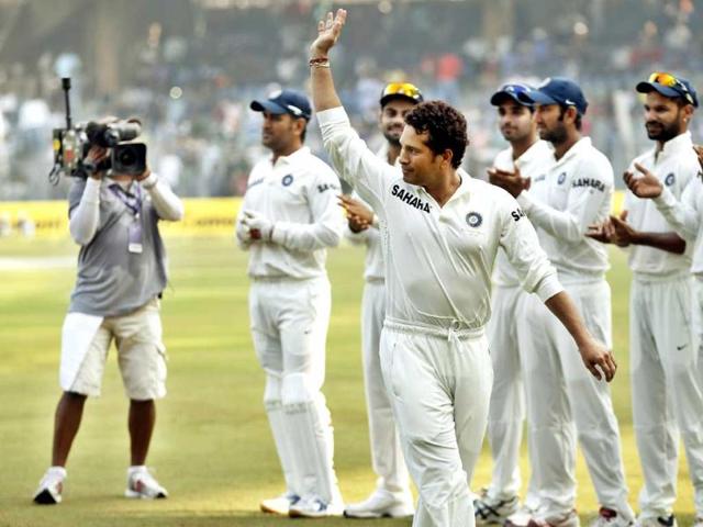 Sachin Tendulkar enters the field to play his final and 200th test match against West Indies at Wankhede Stadium in Mumbai. (Ajay Aggarwal/HT photo)