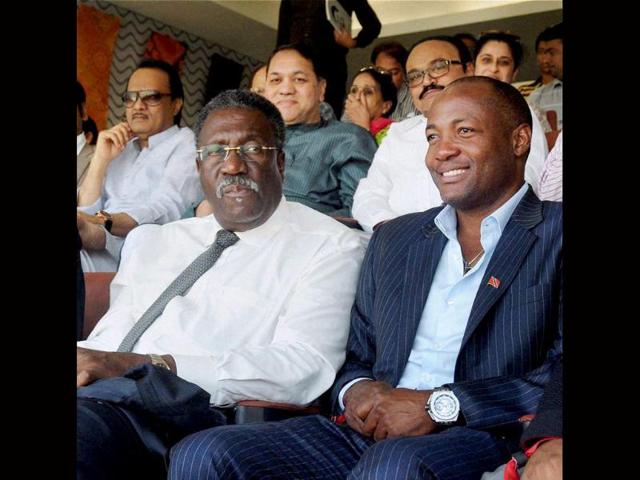 West Indies former captains Clive Lloyd and Brian Lara watch as Sachin Tendulkar plays his last Test against West Indies at Wankhede. (PTI photo)
