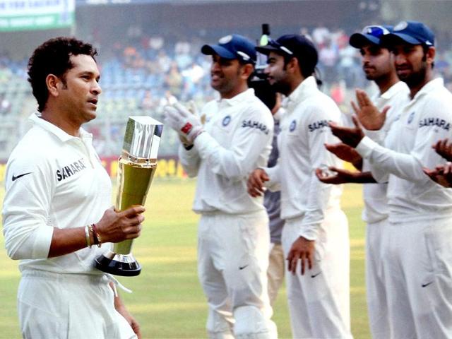 Master blaster Sachin Tendulkar after being felicitated by the BCCI before the start of his 200th Test at Wankhede stadium in Mumbai. (PTI/Santosh Hirlekar)