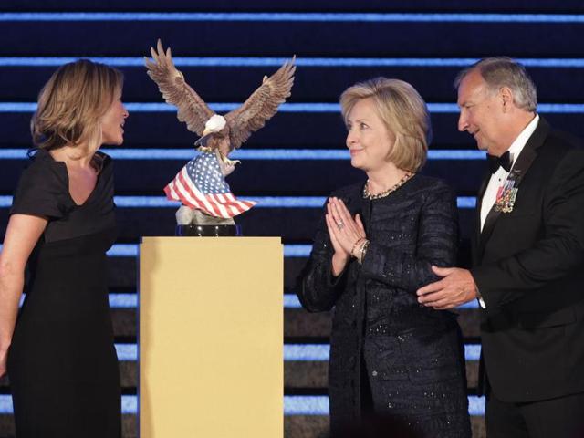 Former US Secretary of State Hillary Clinton at the NDU annual gala at the Ronald Reagan Building and International Trade Center in Washington. (AFP Photo)