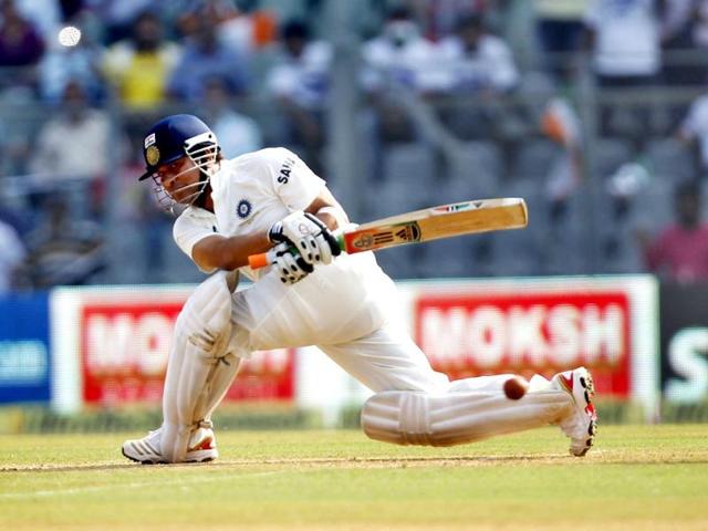 Sachin Tendulkar plays a sweep during his last and 200th Test match against West Indies at Wankhede Stadium. (Ajay Aggarwal/ HT photo)