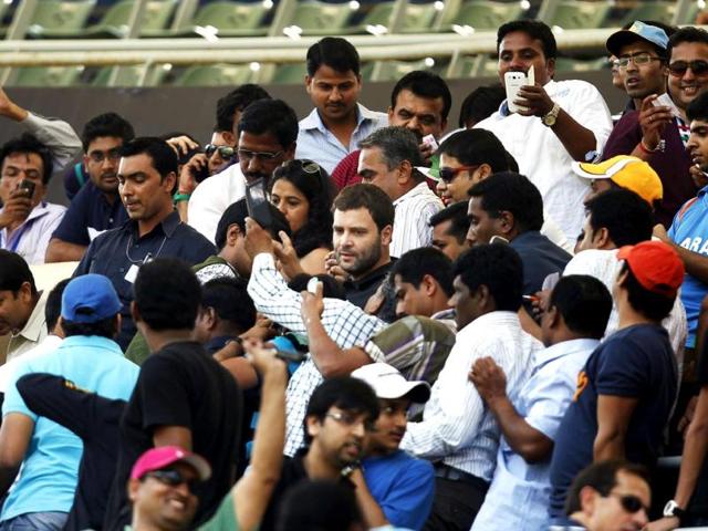 Rahul Gandhi, an ardent Sachin Tendulkar fan, watched the cricketer's last match in Mumbai on Friday. The politician gave his usual white kurta look a miss and sported a black tee and jeans instead.