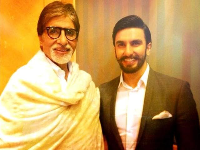 Ranveer and Amitabh Bachchan pose for the shutterbugs.