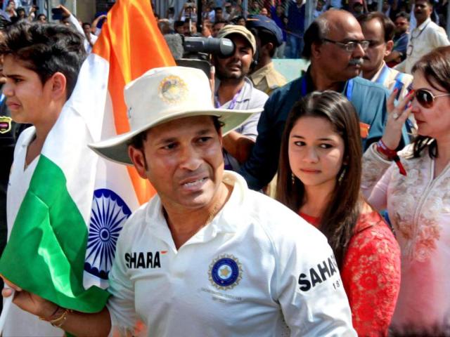 Sachin Tendulkar with his family during his farewell ceremony at Wankhede stadium in Mumbai. (PTI Photo)