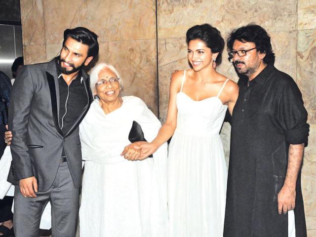 Team Ram-leela! Ranveer Singh, Leela Bhansali, Deepika Padukone and Sanjay Leela Bhansali pose proudly at the premiere of Ram-leela.