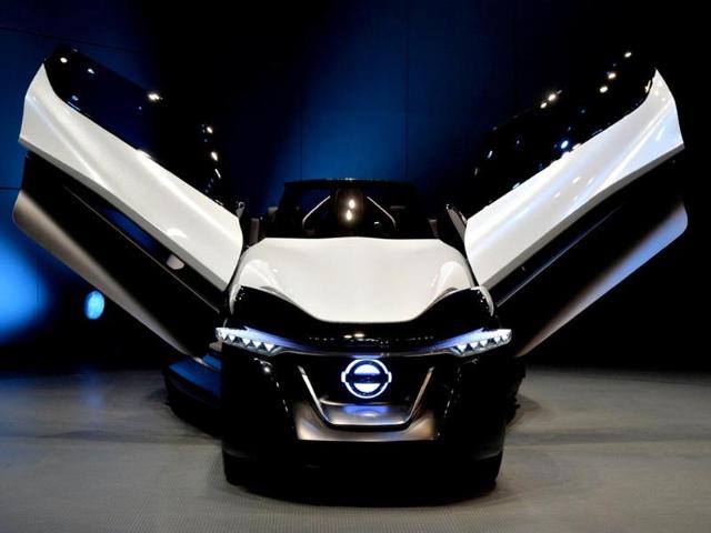 Japanese auto giant Nissan Motor's concept electric vehicle Nissan BladeGlider, equipped with in-wheel electric motors in Yokohama, Tokyo. (AFP Photo)