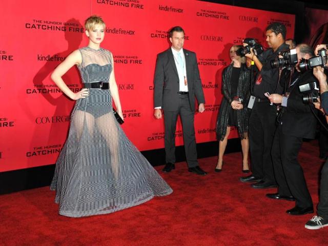 Jennifer Lawrence arrives at the Los Angeles premiere of The Hunger Games: Catching Fire at Nokia Theatre LA Live. (AP Photo)